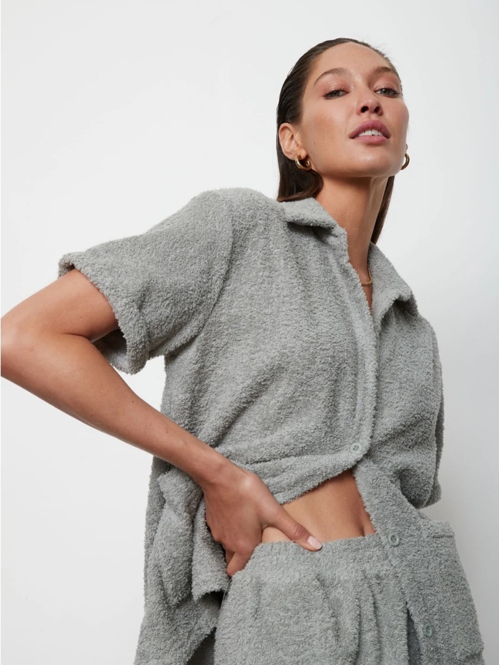 Atoir Heather Gray Towel Knit Short Sleeve Button Shirt